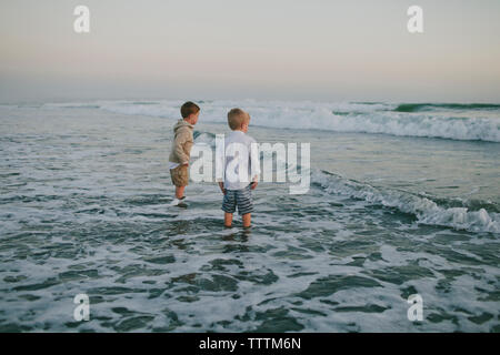 Carefree fratelli in piedi in mare contro il cielo chiaro durante il tramonto Foto Stock