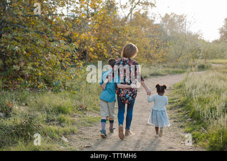 Vista posteriore della donna con la figlia e il figlio a piedi sul sentiero in mezzo al campo al park Foto Stock