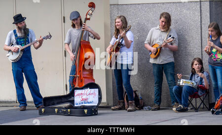 Contrabbasso, banjo, mandolino e chitarra acustica giocatori nella calamità Campbells Soup gruppo musicale musicista di strada sulla strada a Nashville Tennessee USA.. Foto Stock