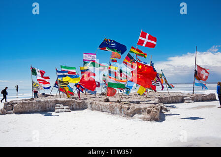 Bandiere internazionali sulla distesa di sale, Salar de Uyuni, dipartimento di Potosi, Bolivia Foto Stock