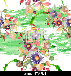 Aster e bouquet di fiori selvaggi fiori. Wild molla a balestra di fiori selvaggi. Illustrazione ad acquerello set. Disegno ad acquerello fashion aquarelle. Seamless backgr Foto Stock