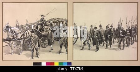 Cavalcavia della corona ungherese in un splendido stato allenatore in occasioni della celebrazione del millennio in Ungheria 1896, nelle occasioni della celebrazione del millennio a Budapest erano su 5.5.1896 l'Ungherese Imperial regalia (Santa Corona di Ungheria, scettro, imperial orb) in un gala sechsspaennigen auto da zu castello di una tre giorni di mostra nell'incoronazione chiesa (la chiesa di Matthias) eseguito, leader del magnate ungherese pen- spazzola e disegno in nero, manovra, evidenzia in bianco opaco, da Artur Lajos Halmi, probabilmente 1896 originata, tw, Additional-Rights-Clearance-Info-Not-Available Foto Stock