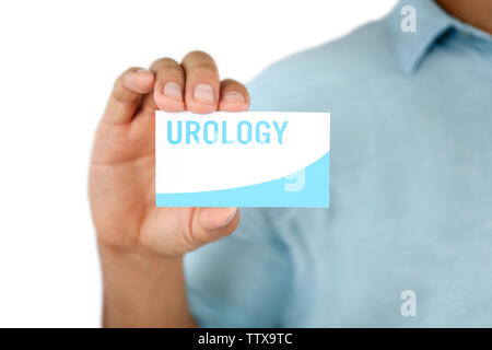 Uomo con business card. Concetto di urologia Foto Stock