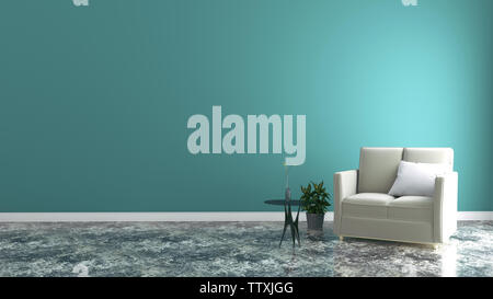Interni minimalisti design,grigio chiaro divano con lampada sul muro di menta e pavimento di legno duro , 3D render Foto Stock