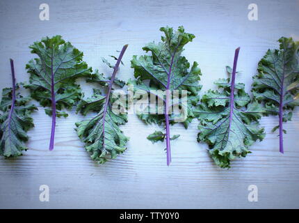 Rosso di foglie di cavolo o russo kale su sfondo di legno. Foto Stock