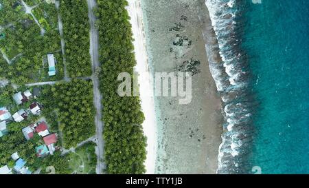 Scatto aereo della spiaggia con le onde dal Mare e la giungla delle Maldive Foto Stock