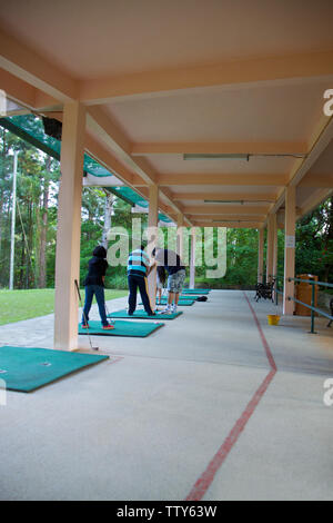 I golfisti che praticano il golf al campo pratica Foto Stock