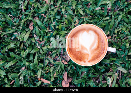 Latte caldo forma di cuore di caffè nella tazza di bianco su verde erba, spazio di copia Foto Stock