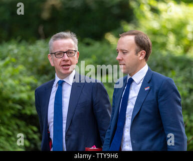 Londra, Regno Unito. Il 18 giugno, 2019. Michael Gove, MP PC, ambiente Segretario (sinistra) e Matt Hancock, MP PC, Segretaria di salute arriva in una riunione del gabinetto a 10 Downing Street, Londra Credito: Ian Davidson/Alamy Live News Foto Stock
