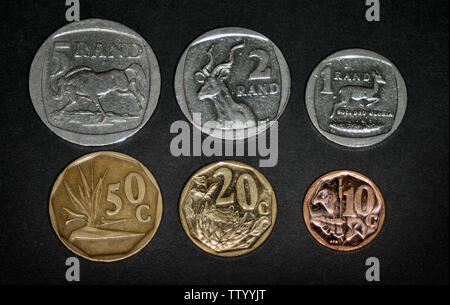 Sud Africa 5 Rand, 2 rand, 1 rand, 50 cent, 20 cent, 10 cent, Foto Stock