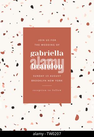 Invito a nozze con terrazzo texture in colori pastello e campione del layout di testo. Moderna ed elegante 5x7 pollici biglietto di auguri, salva la data, cartolina Illustrazione Vettoriale