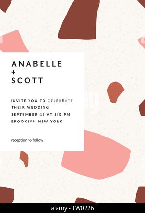 Invito a nozze con terrazzo texture in colori pastello e campione del layout di testo. Moderna ed elegante 5x7 pollici biglietto di auguri, salva la data, cartolina Illustrazione Vettoriale