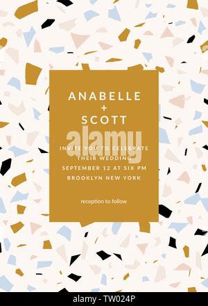 Invito a nozze con terrazzo texture in colori pastello e campione del layout di testo. Moderna ed elegante 5x7 pollici biglietto di auguri, salva la data, cartolina Illustrazione Vettoriale