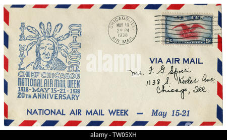Chicago, Illinois, Stati Uniti d'America - 16 Maggio 1938: noi busta storico: il coperchio con un cachet Chief chicagou national air mail settimana ventesimo anniversario 1918-38 Foto Stock