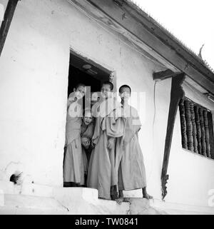 Il debuttante monaci al di fuori il loro tempio a Luang Prabang, Laos. La città è stata la capitale reale fino al 1975. Foto Stock