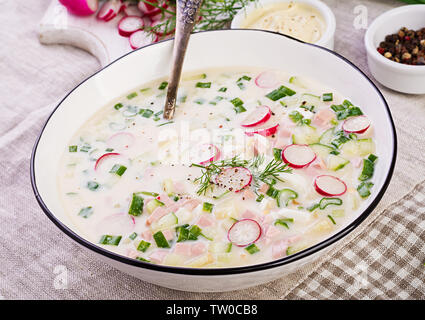 Zuppa fredda di cetrioli freschi, ravanelli, patate e salsiccia con yogurt nella ciotola. Tradizionale cibo russo - okroshka. Estate zuppa fredda. Foto Stock