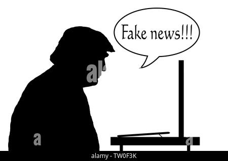 Illustrazione che mostra una silhouette del Presidente USA Trump sedersi per leggere le notizie sul monitor di un computer con un discorso bolla dicendo "Fake news'. Foto Stock
