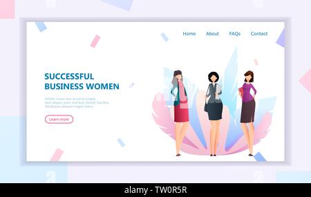 Le donne d'affari. Tre cartoon imprenditrici in stile appartamento. Landing page concetto. Utilizzabile per il sito Web, home page. Illustrazione Vettoriale Illustrazione Vettoriale