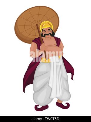 Felice Onam festival in Kerala. Re Mahabali. Illustrazione di vettore isolato su sfondo bianco. Illustrazione Vettoriale