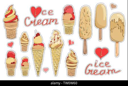 Set di vettore colorati adesivi o i badge con disegnati a mano il gelato in giallo rosso cremoso rose colori. Lettering. Gli elementi del vettore per il ristorante, bar Illustrazione Vettoriale