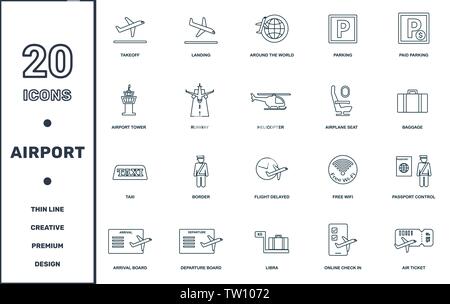 Impostare Airport raccolta di icone. Include elementi semplici come ad esempio di decollo e di atterraggio, in tutto il mondo, parcheggio, parcheggio a pagamento, Aeroporto Torre e la pista Illustrazione Vettoriale