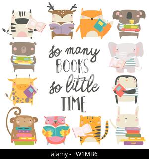 Simpatici animali la lettura di libri su sfondo bianco Illustrazione Vettoriale