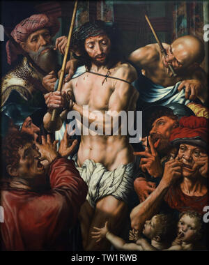 Pittura 'Mocking di Cristo' dal Rinascimento Fiammingo pittore Jan Sanders van Hemessen (1544) sul display Nella Alte Pinakothek di Monaco di Baviera, Germania. Foto Stock