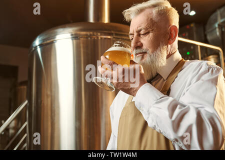 Birreria degustazione di esperti di prodotto. Specialista in piedi vicino al serbatoio di accumulo, tenendo il vetro con grandi fredda birra con schiuma. Uomo che indossa in camicia bianca e grembiule marrone. Foto Stock