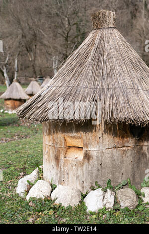 Apiario in montagna con molti alveari per raccogliere il miele. Produzione di puro miele di montagna. Messa a fuoco selettiva. Foto Stock