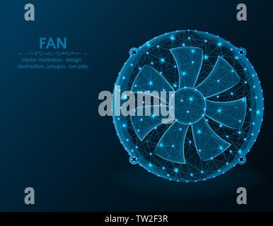 La ventola a bassa poli modello grafico, poligonale di apparecchiature elettroniche, sistema di raffreddamento wire frame illustrazione vettoriale su sfondo blu scuro Illustrazione Vettoriale