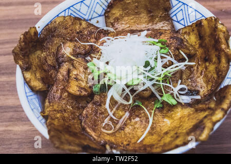 Buta Don grigliate di carne di maiale nero con salsa teriyaki e servito con spicchi di radicchio e di scalogni su un letto di riso Foto Stock