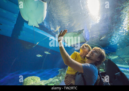 Padre e figlio guardando il pesce in un tunnel acquario Foto Stock