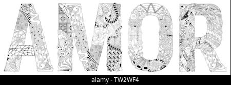 Dipinte a mano e art design. Adulto anti-stress pagina di colorazione. In bianco e nero disegnato a mano illustrazione parola AMOR di libro da colorare, per anti stress, t-shir Illustrazione Vettoriale
