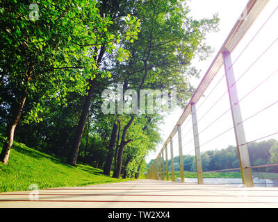 In legno percorso a piedi con ringhiere lungo il laghetto estate city park, prospettiva, bassa angolazione Foto Stock