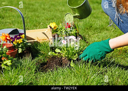 Donna di fiori di irrigazione in giardino Foto Stock