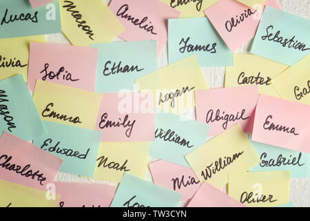 Primo piano di adesivi di carta con diversi nomi sul muro bianco. Concetto di scegliere il nome del bambino Foto Stock