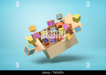 3D rendering di scatola di cartone piena di blocchi ABC a metà aria sulla luce-sfondo blu. Foto Stock