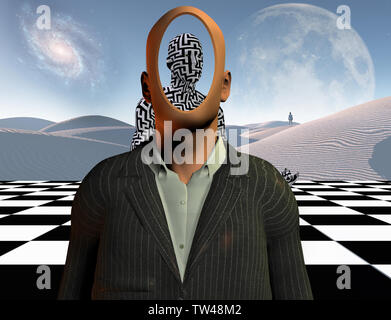 Il surrealismo. Imprenditore senza volto si erge sulla scacchiera. La figura di un uomo coperto da un labirinto di disegno. Lonely Man in una distanza. Il rendering 3D Foto Stock