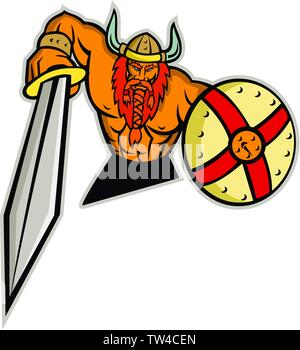 Icona di mascotte illustrazione del busto di Viking, Norseman o marittimo norvegese con spada e scudo se visto dalla parte anteriore su sfondo isolato rétro sty Illustrazione Vettoriale