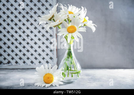 Bouquet di bella chamomiles nel vaso trasparente su sfondo grigio Foto Stock