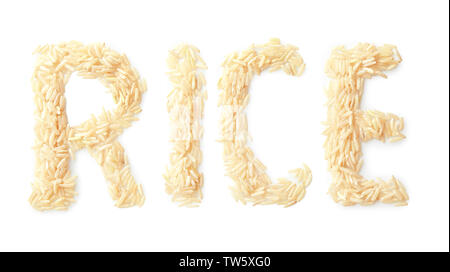 Composizione con parola riso su sfondo bianco Foto Stock