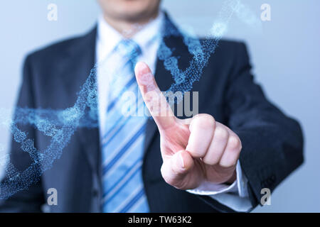 Imprenditore toccando lo schermo virtuale con cyber icona Foto Stock