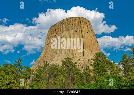 L'imponente roccia geologico formazione di Devils Tower National Monument vicino a Buffalo in stato del Wyoming, Stati Uniti d'America, Stati Uniti d'America. Foto Stock