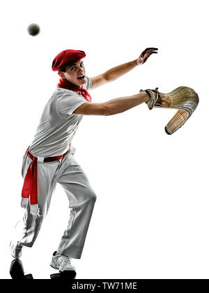 Un caucasian jai alai pelota basca Cesta Punta player uomo isolato su sfondo bianco silhouette Foto Stock