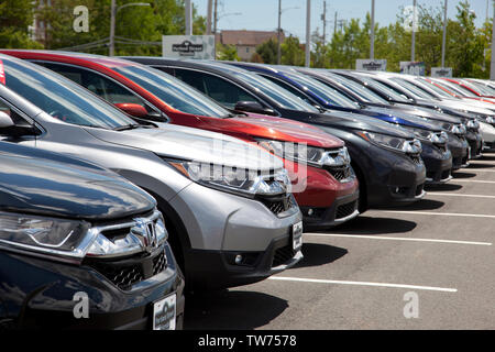 Dartmouth, Nova Scotia, Canada- Giugno 15, 2019: vista ravvicinata di una fila di SUV Honda CRVs presso un concessionario in Dartmouth Foto Stock