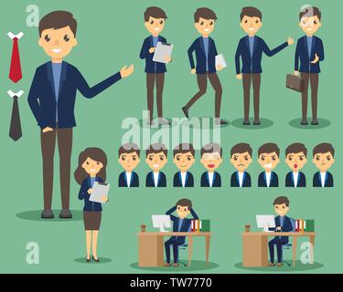 La gente di affari presso l'ufficio. In posa ed emozioni. business in vari pongono in ufficio e lavoro. illustrazione vettoriale. Illustrazione Vettoriale