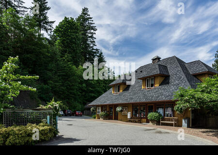 BOWEN ISLAND, CANADA - 2 GIUGNO 2019: Zona commerciale in piccolo comune isola con negozi ristoranti auto. Foto Stock