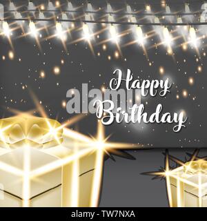 Buon compleanno disegno vettoriale con lampada e gold confezione regalo di festa e di celebrazione Illustrazione Vettoriale