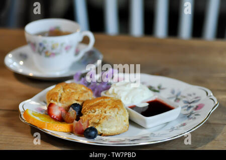 Scone o scone con frutta ,di panna montata e salsa Foto Stock