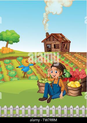 Agricoltore in ambito rurale farmland illustrazione Illustrazione Vettoriale